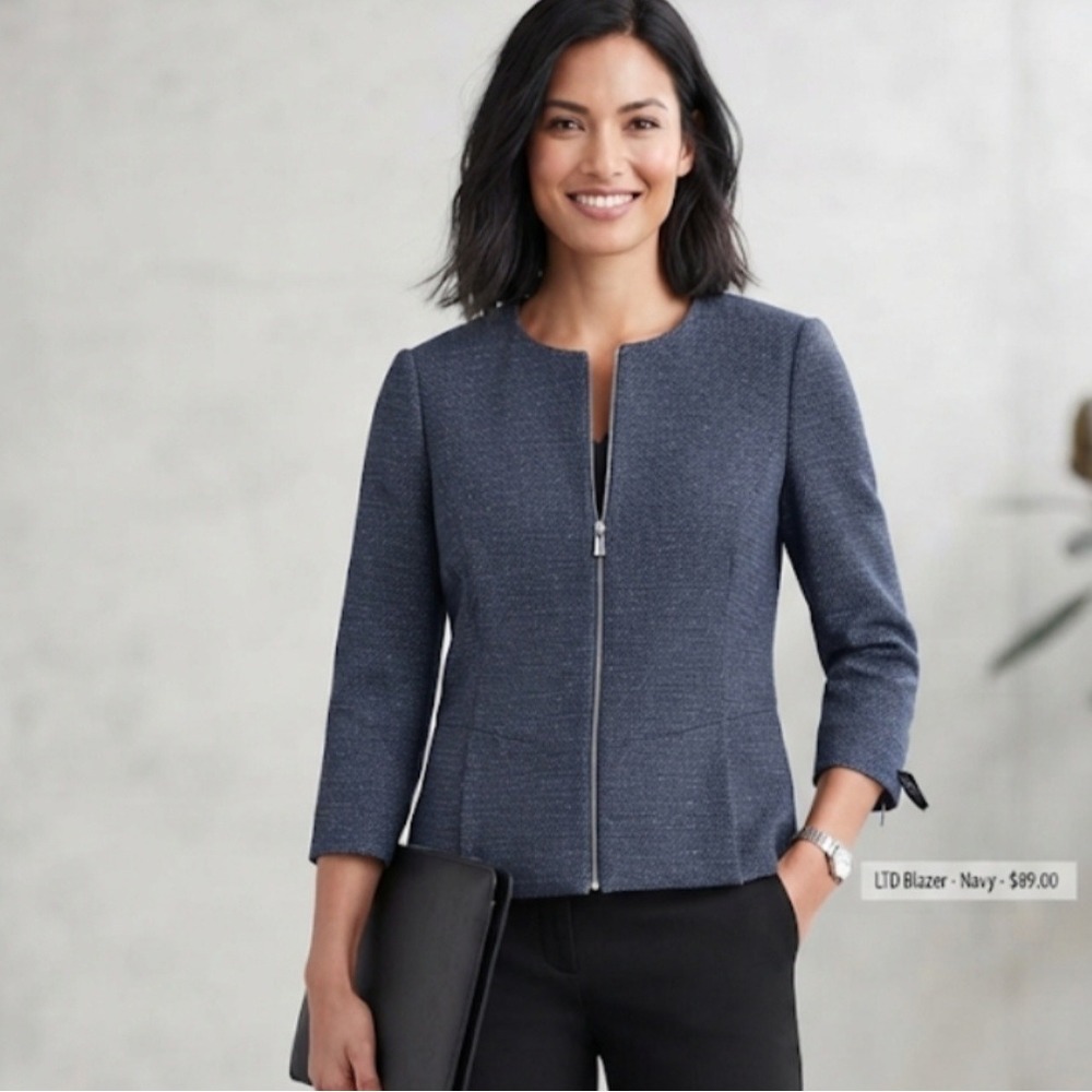 LTD Womens Navy Blue Textured Collarless Zip Front 3/4 Sleeve Blazer Jacket L